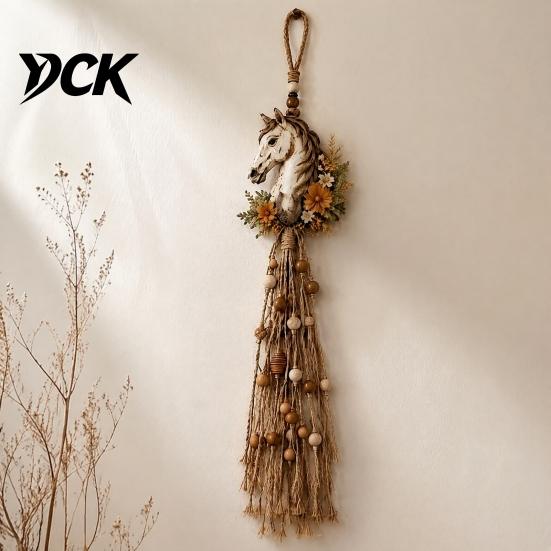 Warm Light String Hanging Decor Farmhouse Horse Wall Decor, Boho Head Ornament with Wood Beads Bohemian Style Room Decoration Tassels, Rustic Art for