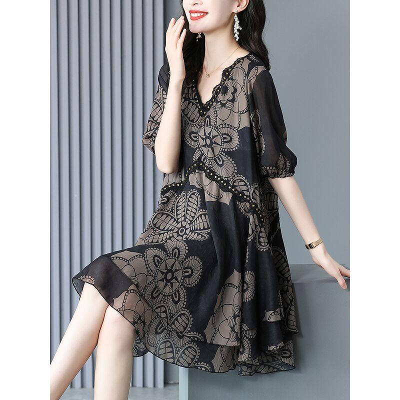 Шифоновое платье для полных девочек, летнее свободное и тонкое корейское платье средней длины для молодой мамы