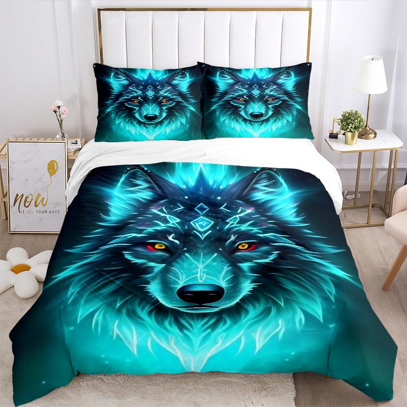 3pcs Mystical Beast with Glowing Blue Fur Wolf Quilt Set Cartoon Themed Bed Quilt Set Lovely Character Bedroom Decor Bed Quilt