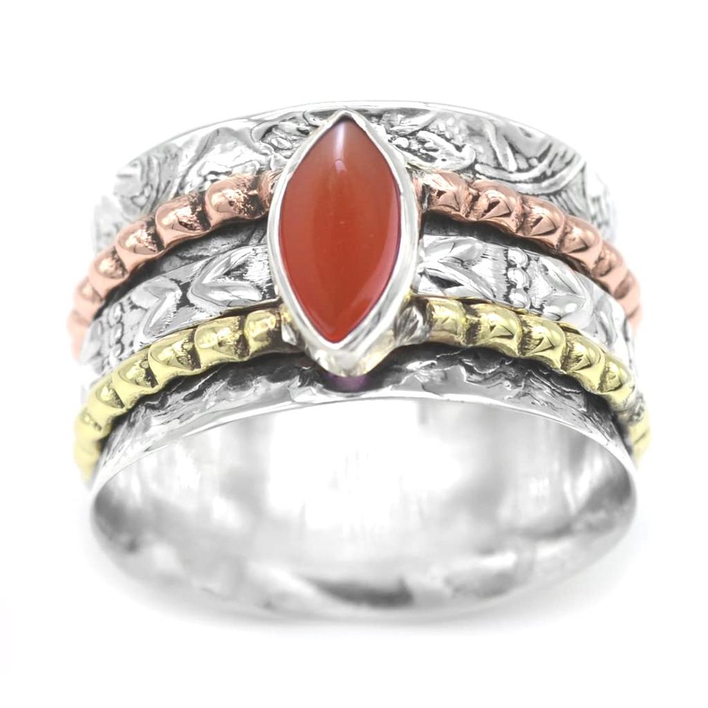 Sterling Silver Copper Brass Ring Marquise Cabochon Spinner Stone Ring Natural Carnelian Gemstone 6.5 Gms