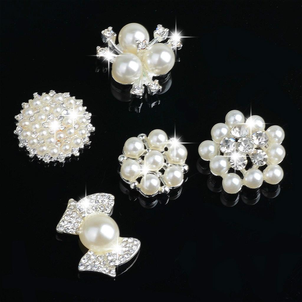 5 Pieces Rhinestone Crystal Pearl Embellishment Buttons Flatback