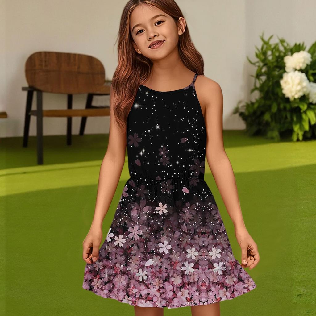 Детское летнее повседневное модное платье с круглым вырезом, однотонное, без рукавов