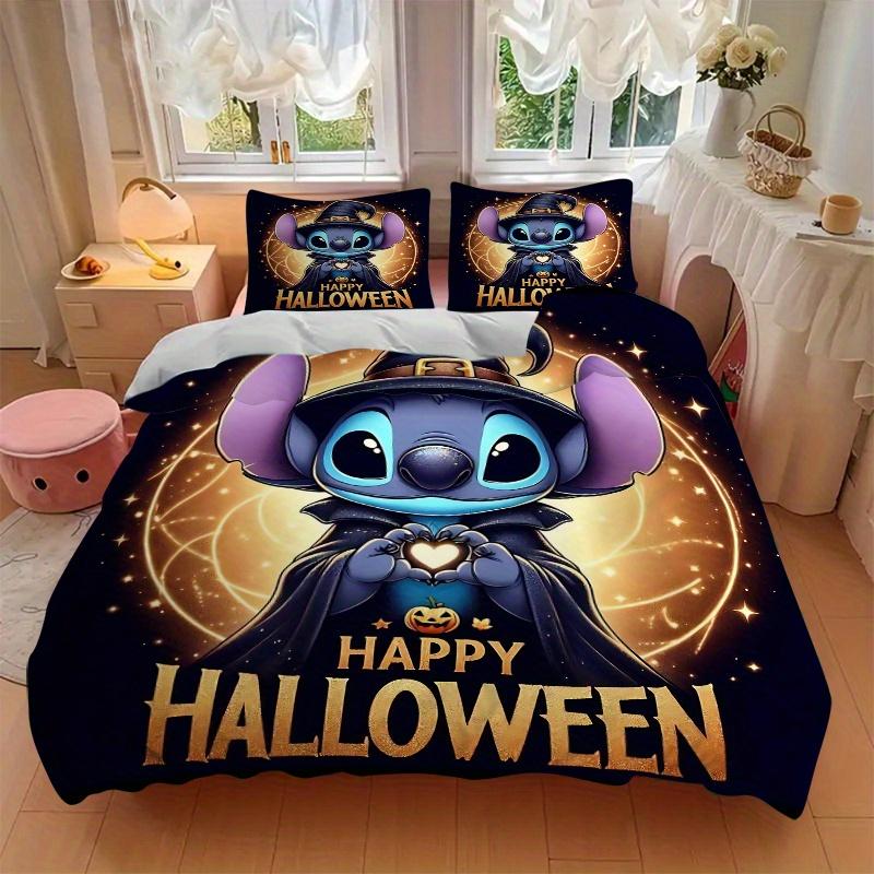 3pcs Happy Halloween Stitch Bedding Set, Including 1 Quilt Cover and 2 Pillow Shams, Without Filling, Soft and Comfortable Home Bedroom Fabric, F