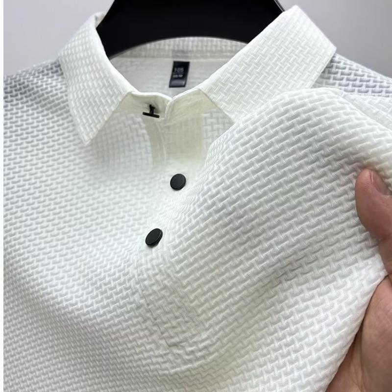Мужская рубашка-поло: Однотонная модная сетчатая модель Ice Silk с короткими рукавами и воротником-стойкой - коллекция Лето и Осень 2023