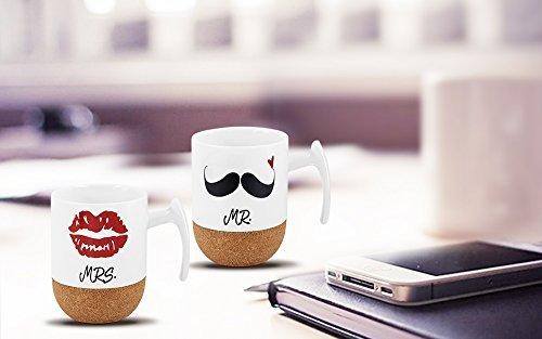 Love-KANKEI Pair of Espresso Mugs, Gift for Weddings, Mr. & Mrs., Wedding Anniversary, 300ml, Set of 2, White, with Cork
