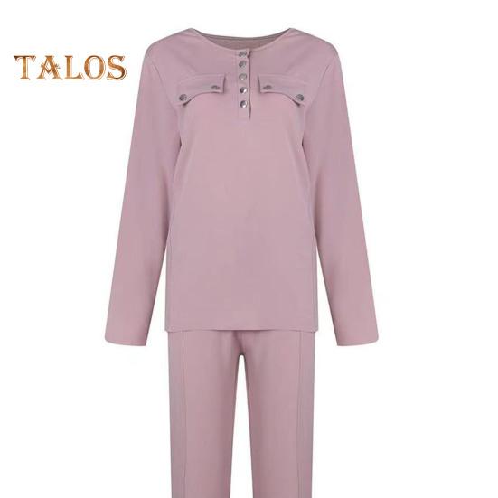 2 шт./комплект женский топ брюки костюм круглый вырез длинный рукав однотонная блузка эластичный пояс облегающие брюки повседневная одежда спортивный наряд осень весна