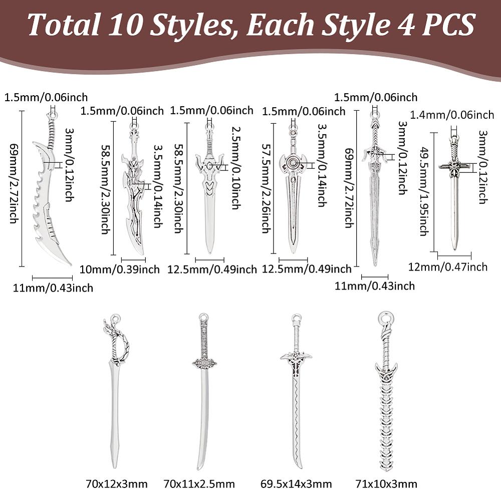40Pcs 10 Styles Tibetan Style Alloy Big Pendants Sword Antique Silver 49.5~71x10~14x2.5~3.5mm Hole: 1.4~1.5mm 4pcs/style