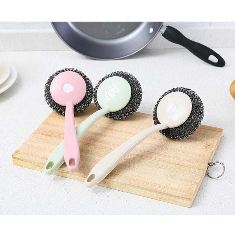 Kitchen Hanging Pan Brush Long Handle Oil Cleaning Brush with Steel Ball Scrub Dish Brush