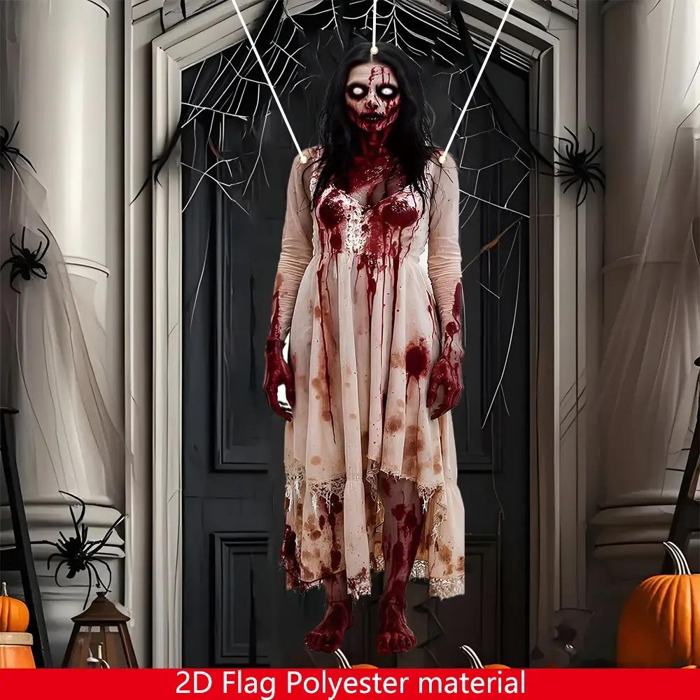 Large Halloween zombie woman Bloody Door banner - Horror party decoration, durable polyester fabric, haunted house, porch, home