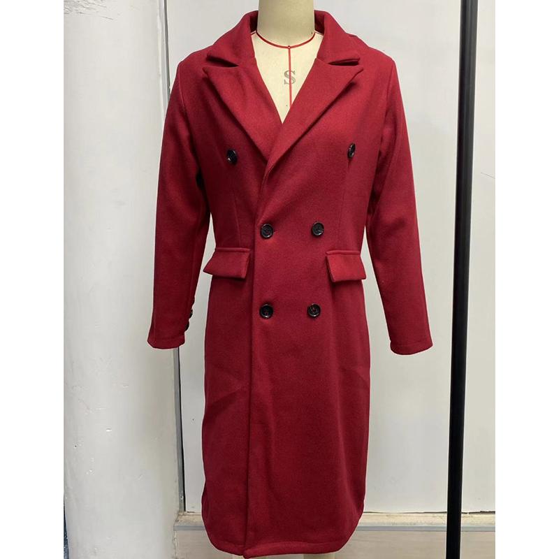 Осеннее длинное свободное шерстяное пальто для женщин, однотонное, средней длины, двубортное, с карманами, женская зимняя куртка, модные повседневные женские пальто больших размеров 24906