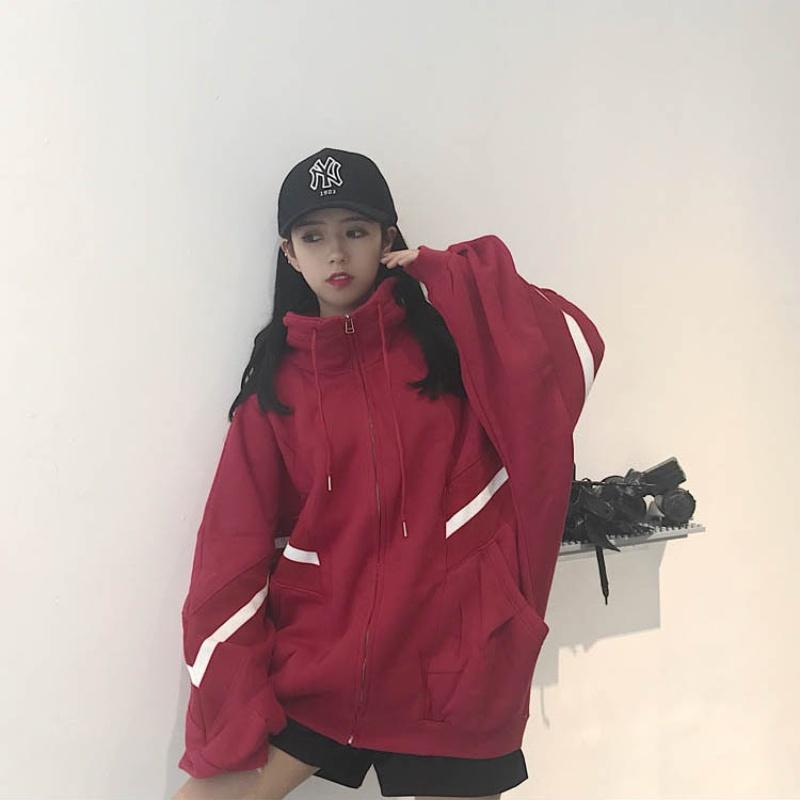 Осень-зима Женская свободная флисовая толстовка на молнии с длинным рукавом «летучая мышь» и воротником-стойкой Куртка с капюшоном для девочек в стиле Харадзюку