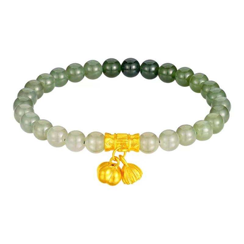 999 Pure Gold & Hetian Jade Women's Bracelet with Lotus, Seed Pod, Bamboo, and Lily of the Valley Design