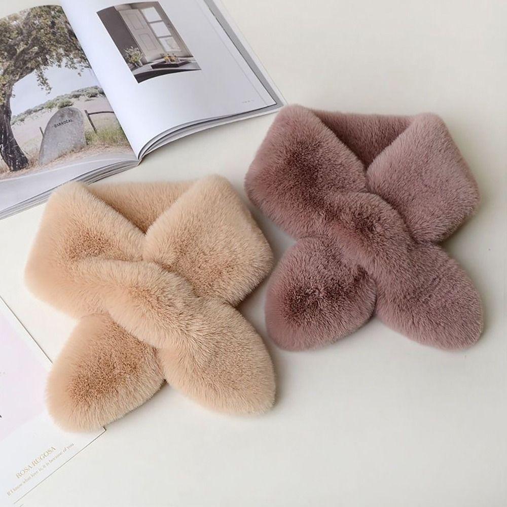 Thicken Neck Scarf Faux Rabbit Fur Plush Neckerchief Wrap Cute Cross Scarf Women