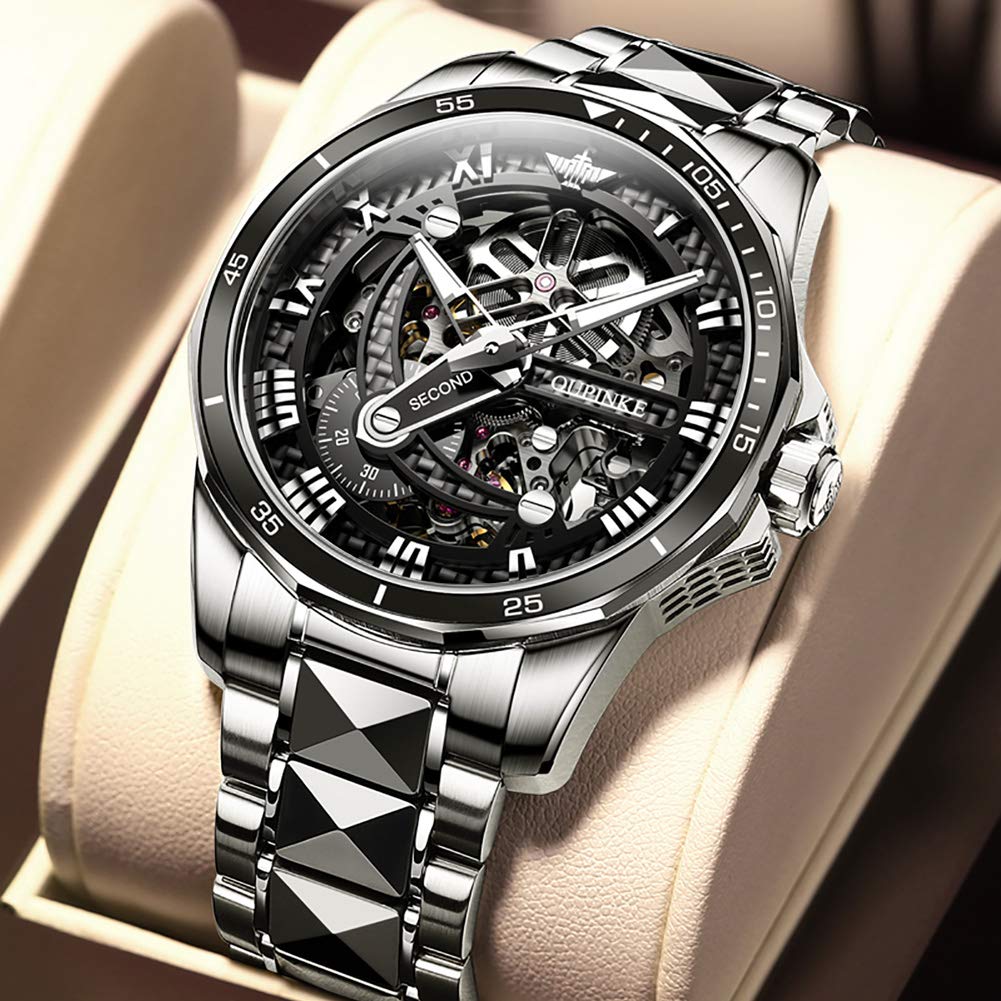 Наручные часы, роскошные механические скелетонированные автоматические часы, стильные, водонепроницаемые, 50 м, сапфировое стекло, вольфрамовый ремешок, светящиеся часы для мужчин, серебристо-черные