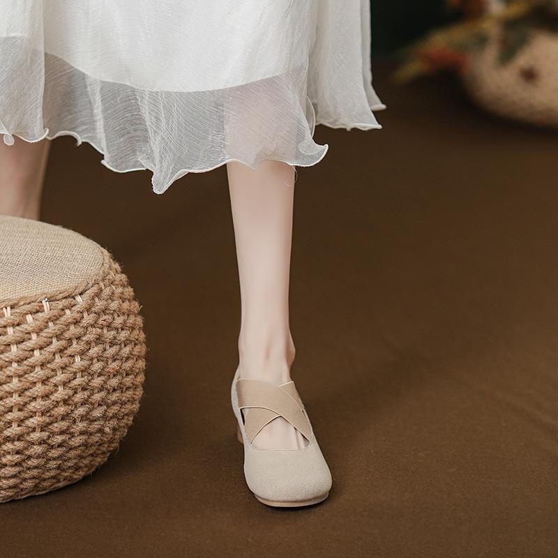 Coarse heel ballet Mary Jane single shoes 2025 new cross elastic belt high heels women's daily versatility increases height and looks thin