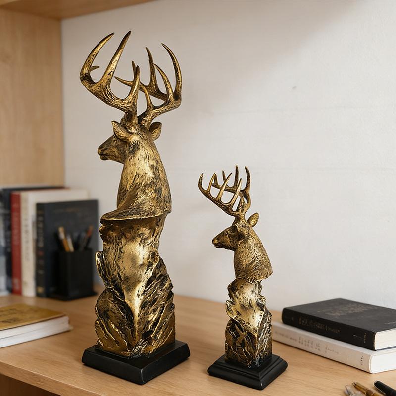 Golden Deer Head Simulated Animal Sculpture Resin Handicraft Deer Statue Decorative Figurines Home Decoration Accessories