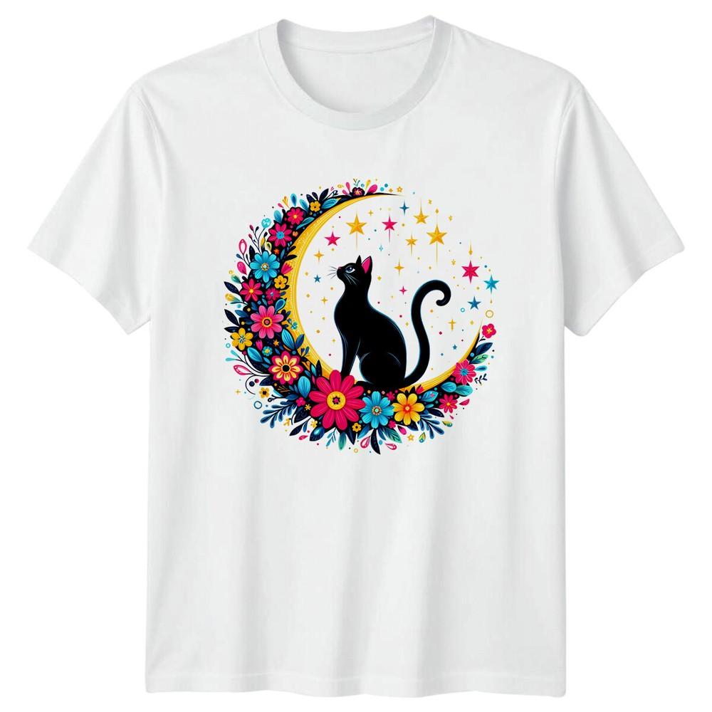 Cat On Moon TShirt Celestial Magic Floral Kitten Tee