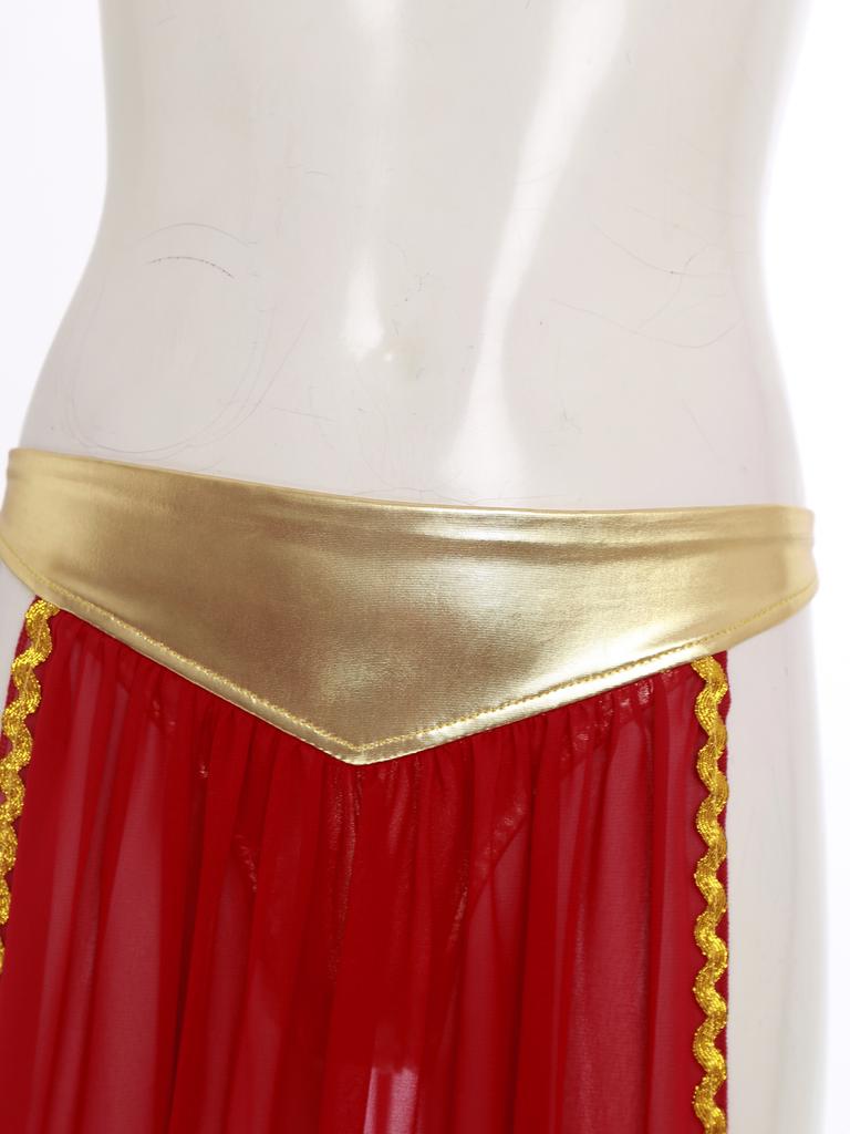Womens Ancient Queen Costume Briefs Chiffon Skirt Metallic Shiny Side Slit Gold Trims Halloween Outfit