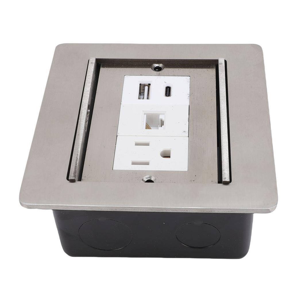 Встраиваемая напольная розетка 3-контактная USB A USB C Порт LAN Серебристая с раздвижной крышкой Встраиваемая силовая розетка для полов столешниц