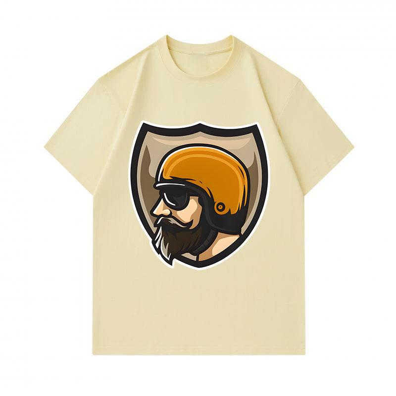 Men's 100% Cotton Crew Neck Short Sleeve T-Shirt, Vintage Biker Bearded Rider Helmet Shield Graphic Casual Comfy Breathable Tee for Daily Outdoor Wear