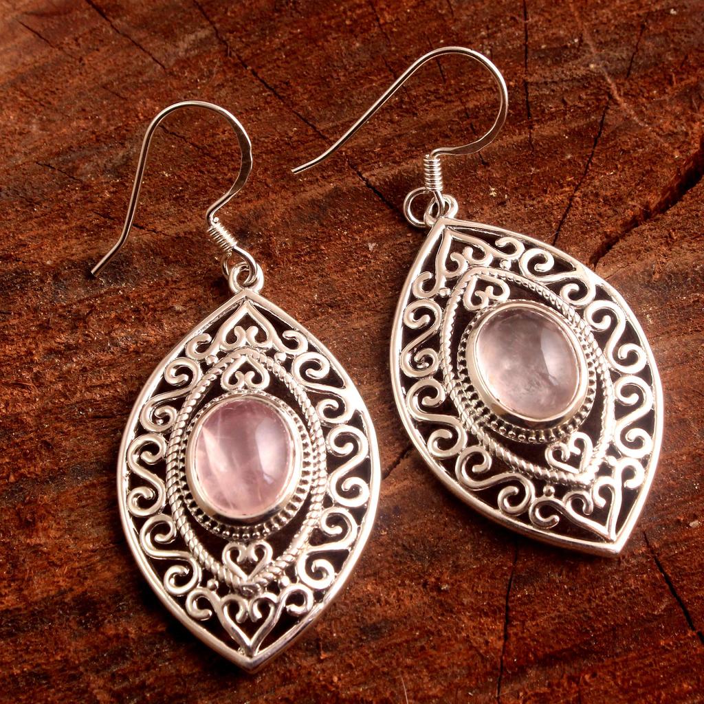 Ларимар Розовый кварц Твердые висячие серьги из стерлингового серебра 925 пробы Женские украшения ручной работы
