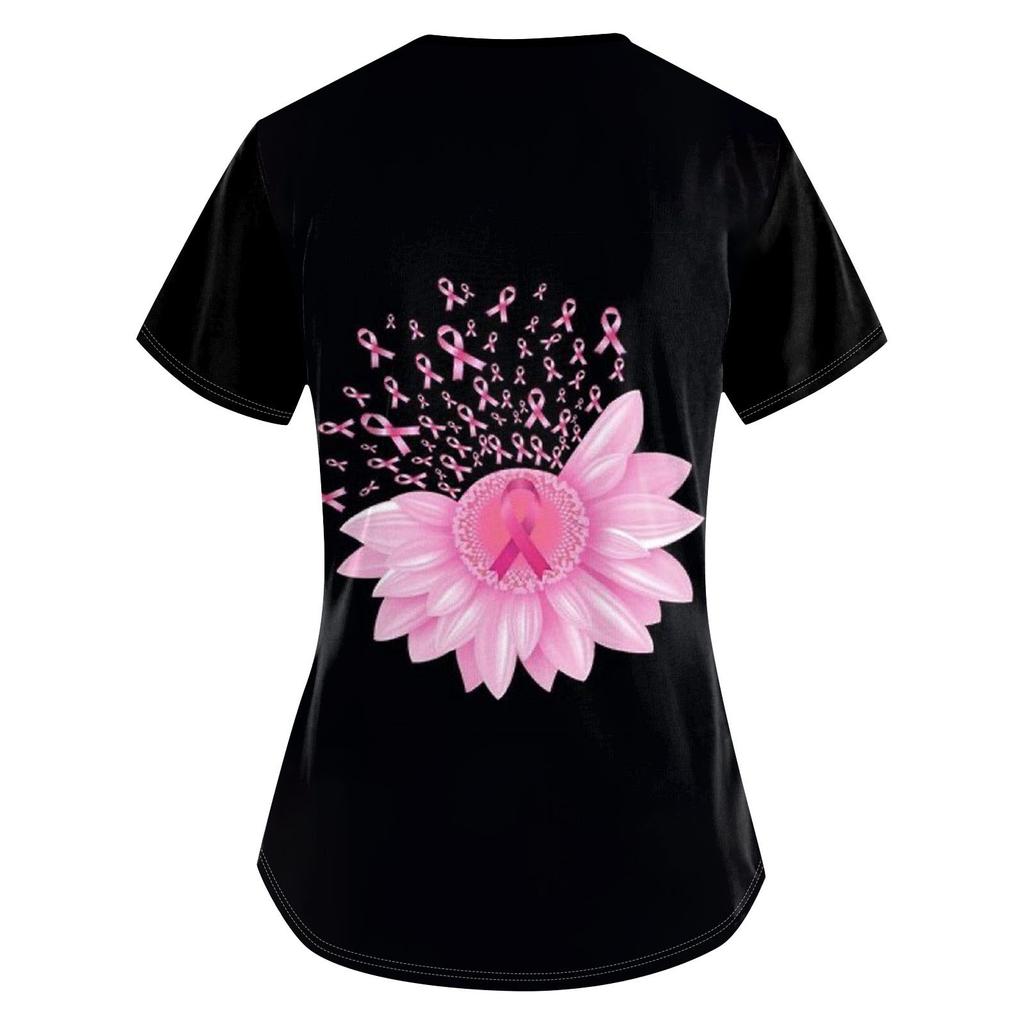 Женская модная рабочая одежда с v-образным вырезом и коротким рукавом с карманной футболкой с принтом.