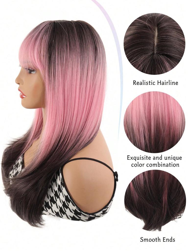 Длинные розовые черные парики с эффектом омбре для чернокожих женщин, розовые коричневые парики с густой челкой, парики для косплея, цветные парики, синтетические многослойные парики для повседневного использования