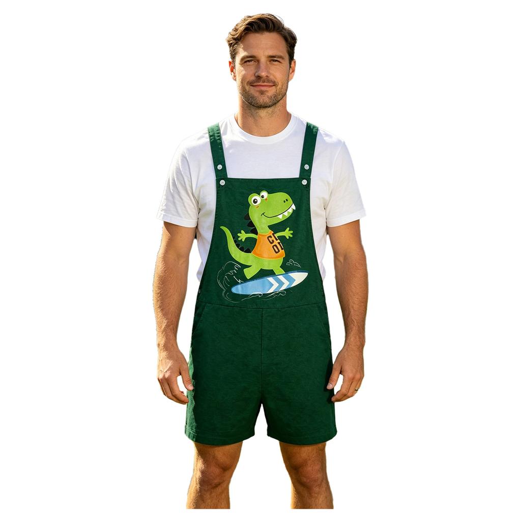 S-XXL Men Cartoon Dinosaur Printed Overalls Pajamas Back Color Blocking Pockets Adjustable Straps Bib Shorts Rompers Sleepwear