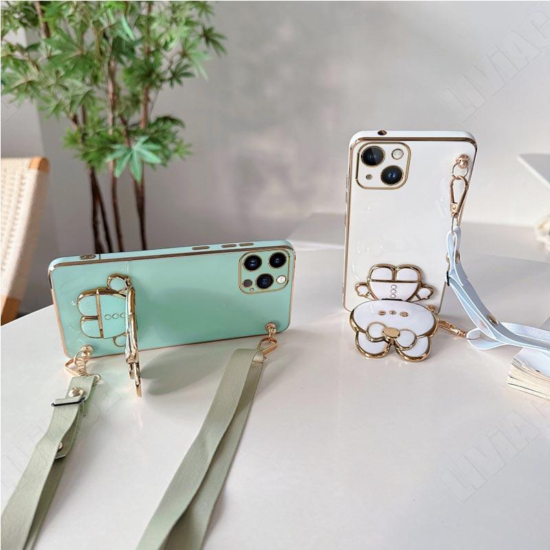 Зеркальный чехол с ремешком через плечо с кроликом для iPhone 14 11 12 13 Pro Max Mini 14pro 13mini 8 7 6 6S Plus X Xr Xs Max SE