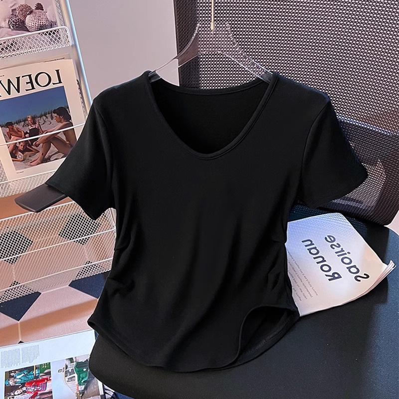 Женская футболка с V-образным вырезом, плиссированной талией и эффектом похудения, желтая, из модала - Летний топ с коротким рукавом