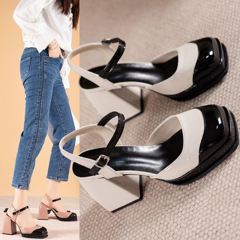 Модные сандалии с цветными блоками и блочным каблуком, женские модные сандалии с квадратным носком, с мелким вырезом, на платформе с одним ремешком, нескользящие, износостойкие, на высоком каблуке