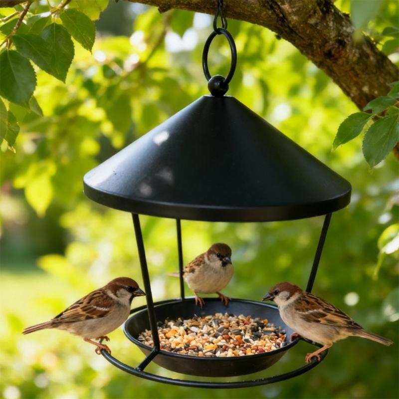 Easy Installation Hanging Iron Bird Feeder With Decorative Rings Design For Garden Decoration Outdoor Accessory
