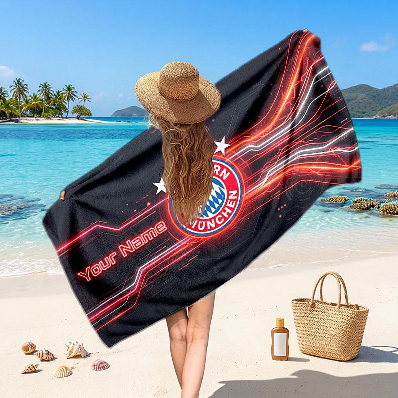 Bayern Munich Custom Beach Towel, Personalized Name Text Print, Football Logo Soft Quick‑Dry Towel Holiday Gift