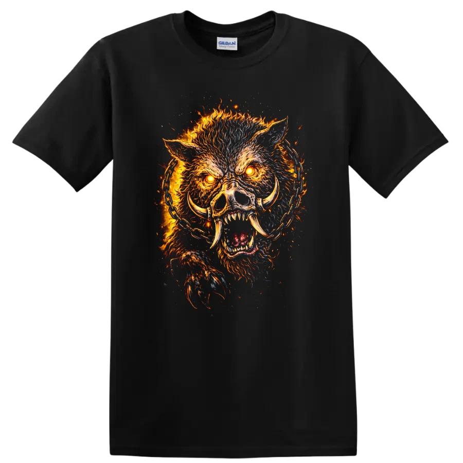 Fire Wolf T Shirt Animal Graphic Tee Flames Chains Wild Creature Design