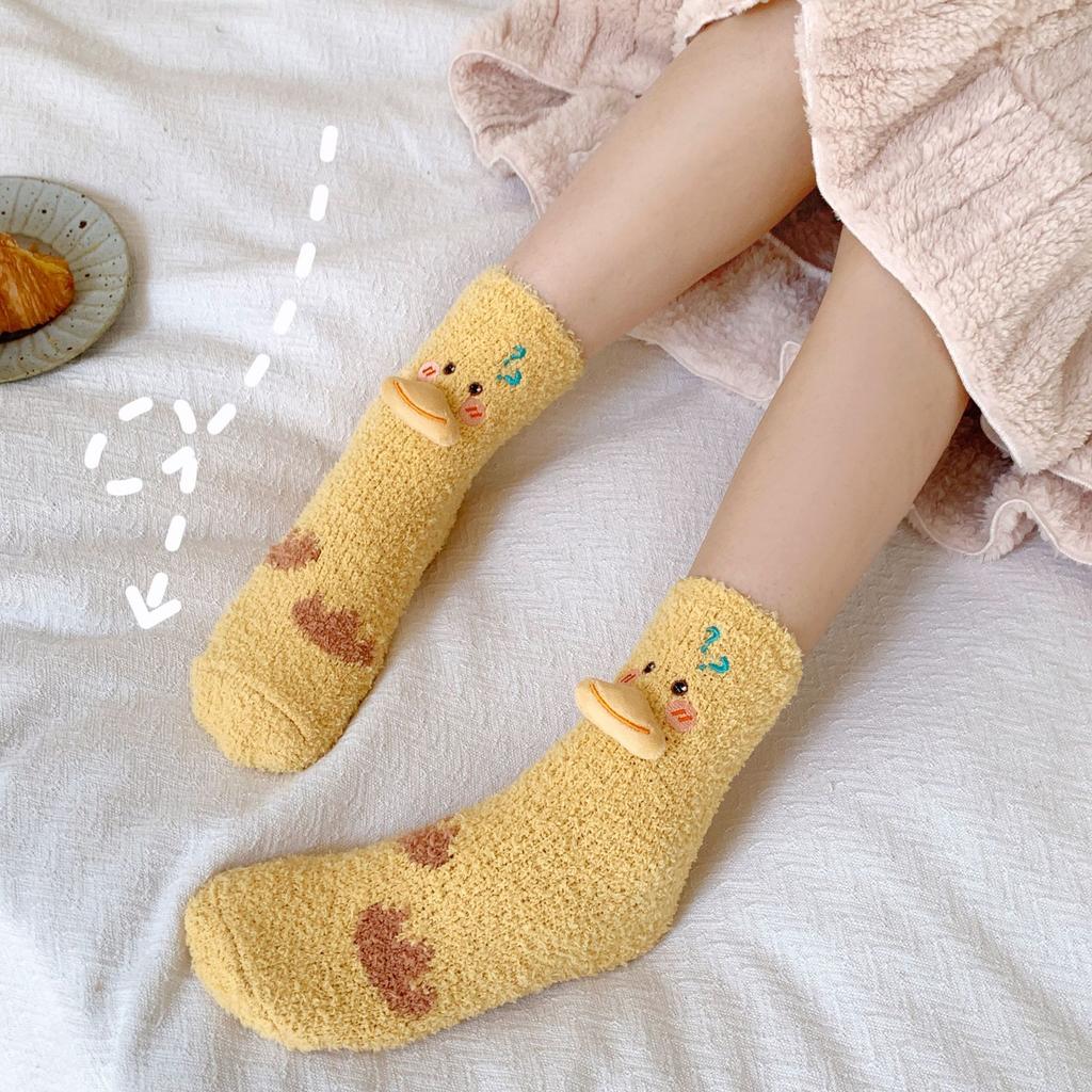 Little Yellow Duck Coral Fleece Socks Women'S Winter Warm Home Sleeping Socks Medium Tube Fleece Cartoon Outer Wear Girls Socks