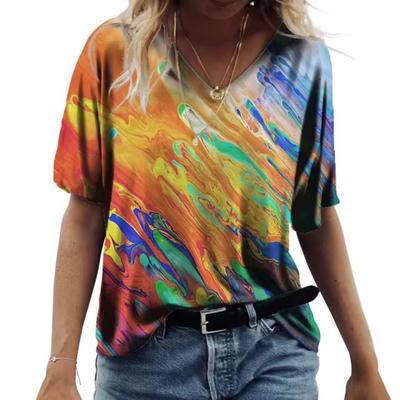 Летняя художественная роспись Tie Dye 3D принт женская мода красочная футболка с коротким рукавом V-образный вырез футболки уличная одежда сексуальные женские футболки топы