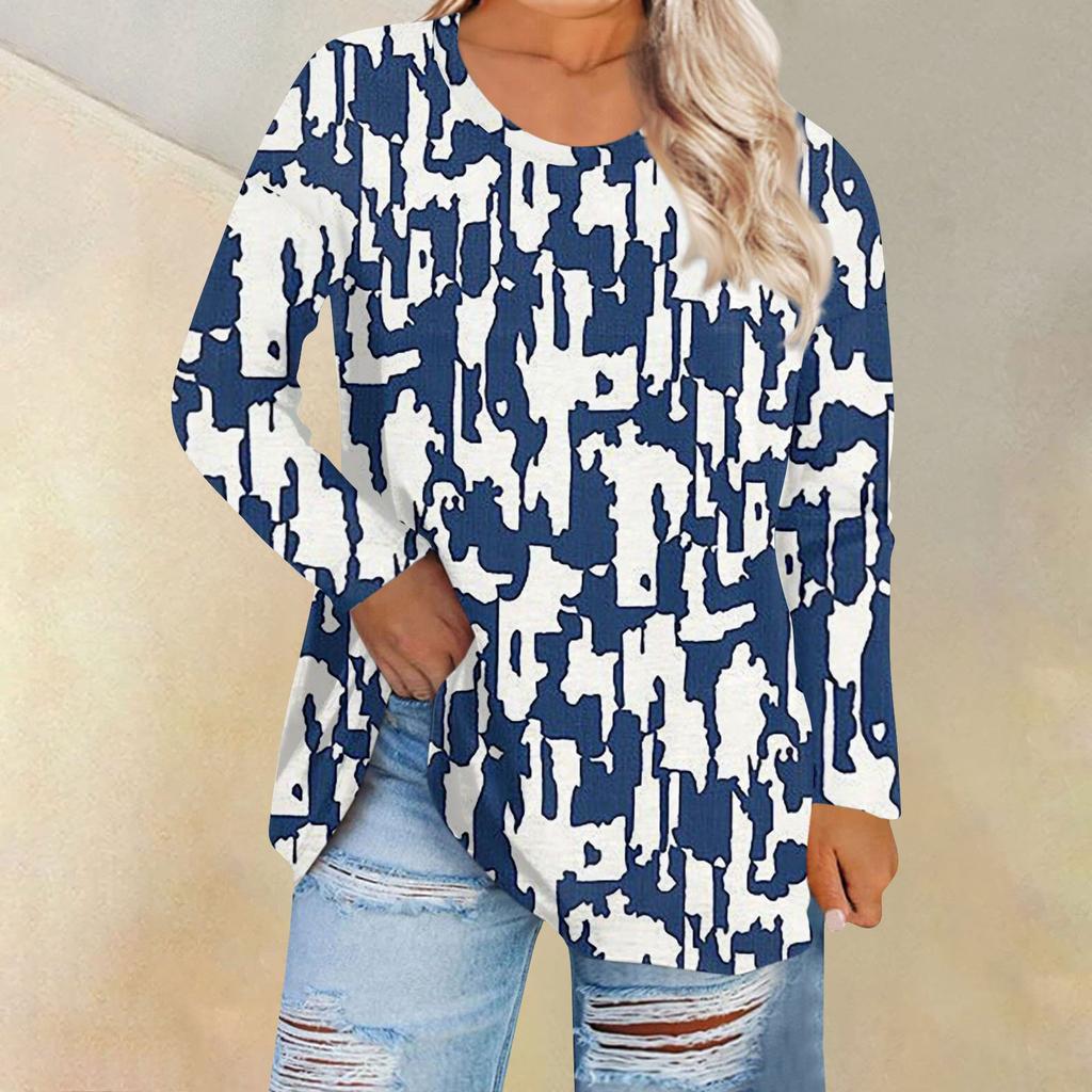 Женская свободная и удобная футболка с длинным рукавом и длинным рукавом с большим топом и принтом, повседневная