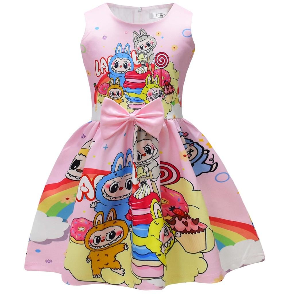 Детское платье для девочек, аниме, мультяшный принт эльфа, без рукавов, с бантом, повседневное, для вечеринки, принцессы