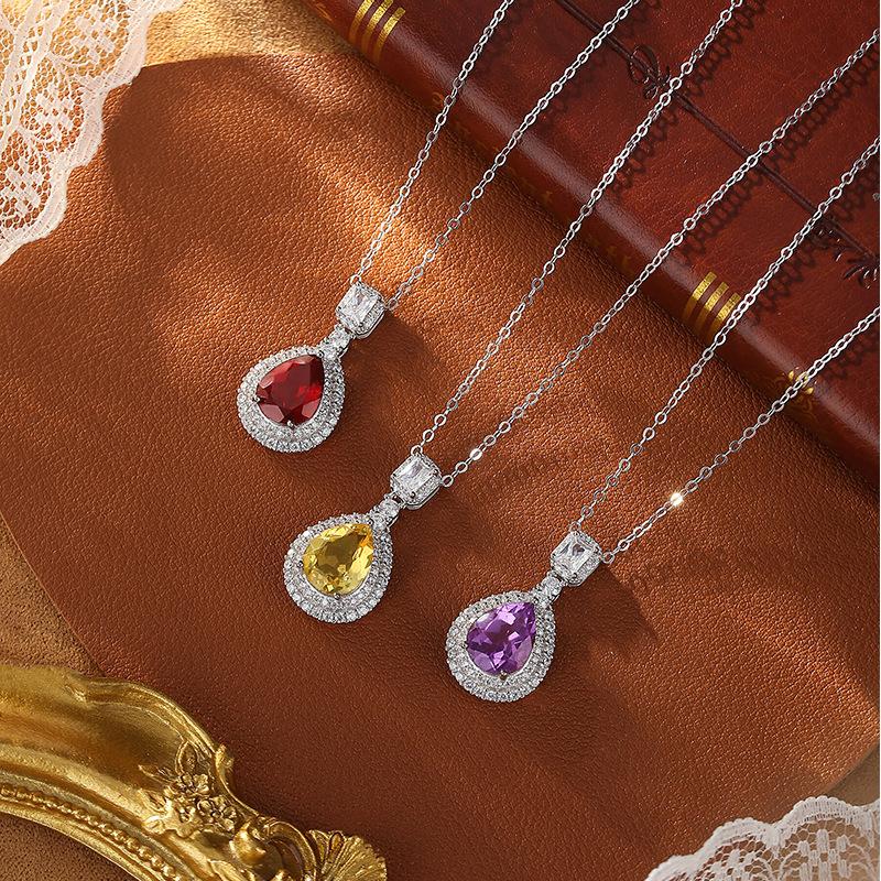 S925 Sterling Silver Necklace Women's Natural Stone Water Drop Pendant Crystal Stone Clavicle Chain Dress Accessories