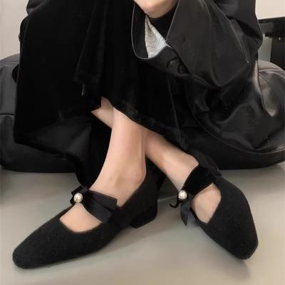 Французские туфли на толстом каблуке серого цвета, одинарные, для ношения с юбкой, вечерние туфли, женская обувь 2025, осень и зима, бархатные туфли Мэри Джейн, пушистые туфли