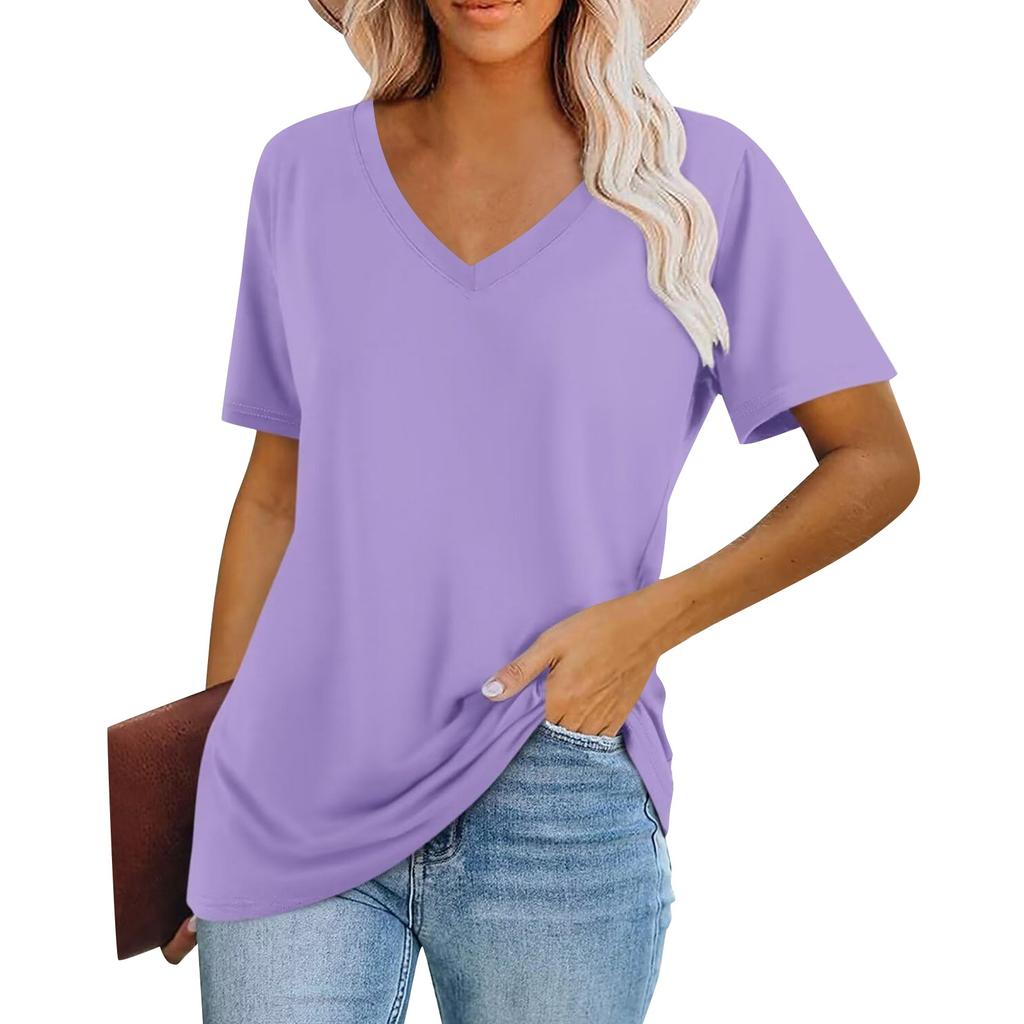 Women's Fashion V-Neck Classic Loose Solid Color Casual Short Sleeve T-Shirt