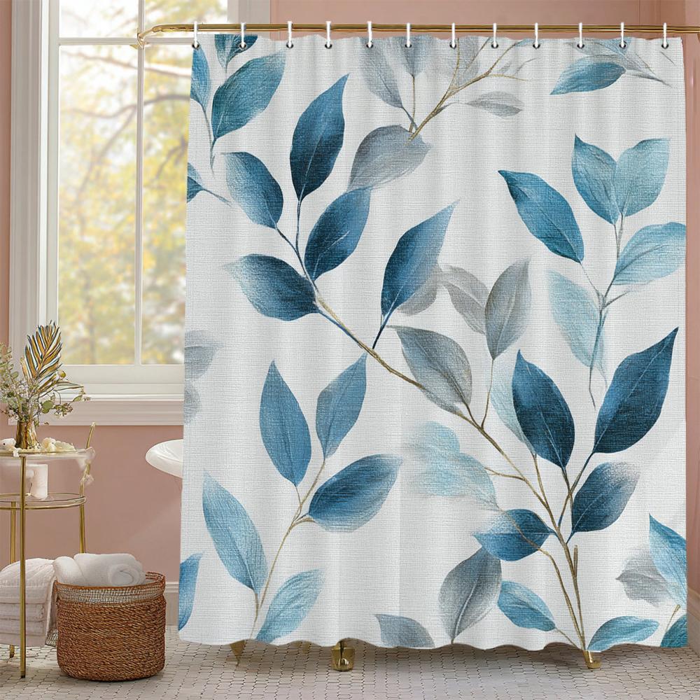 Elegant Blue Botanical Leaf Shower Curtain, Floral Plant Bathroom Decorative Shower Curtain, Waterproof Shower Curtain with Hook