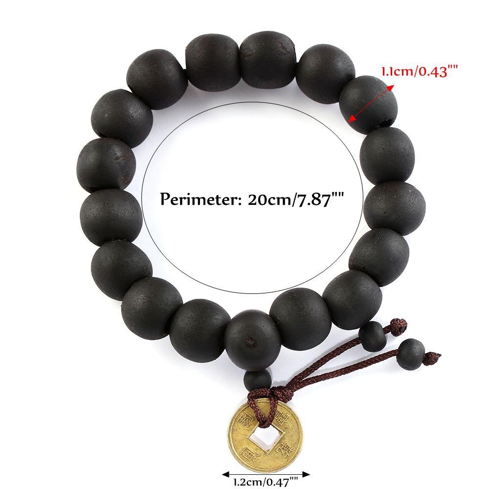 Women Men Religion Lucky Wood Bead Bangle Buddha Bracelet Copper Coin Prayer Beads