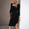 Women's Square Neck Woolen Knit Dress Temperament Elegant Hip Long Dresses