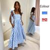 Женское весеннее платье-комбинация без рукавов с полосатым принтом и подтяжками, летнее повседневное платье А-силуэта с открытой спиной и высокой талией, большие свободные длинные платья S-XL