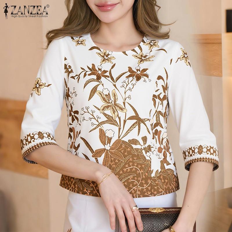 ZANZEA Women Casual Round Neck 3/4 Sleeve Loose Print Blouse