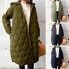 Fall Winter Women Jacket Hooded Zip-up Rhombus Texture Thin Padded Long Sleeves Mid Length Loose Work School Daily Coat