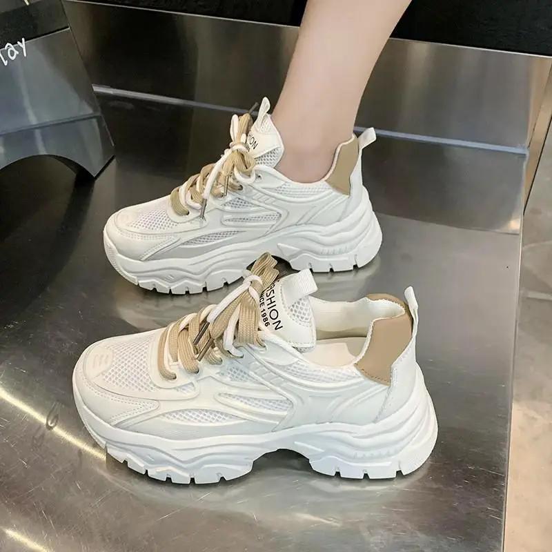 Spring Summer Purple Women Breathable Comfortable Thick Sole Casual Sneakers Fashion Hollow Mesh Lace Up Female Wedges Shoes