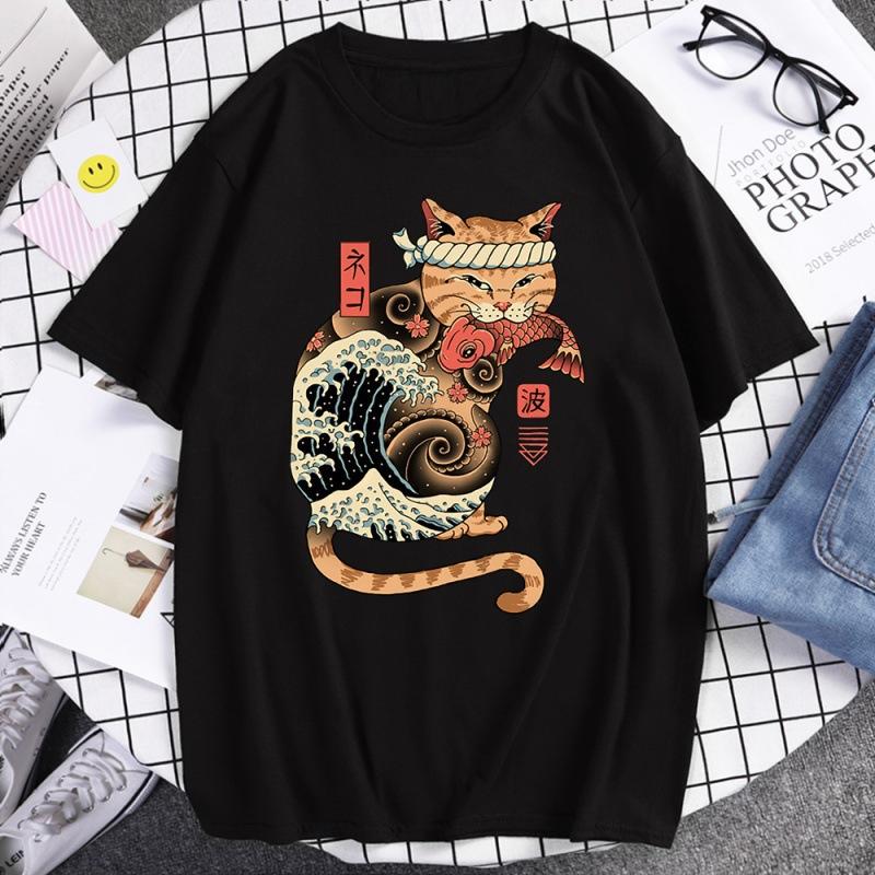 Japanese Harajuku Samurai Sword Cat T-Shirt Men Women Casual Tee Clothes Polyester Summer Tops Breathable Oversized T-Shirts Couple