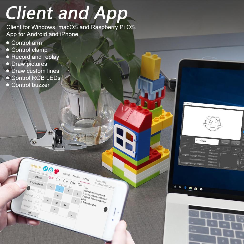 Freenove Robot Arm Kit for Raspberry Pi Stepper Metal Clamp Drawing Record App Control Pi Not 5/4B/3B+/3B/3A+, Motor, Construction, Mode, Mode, &